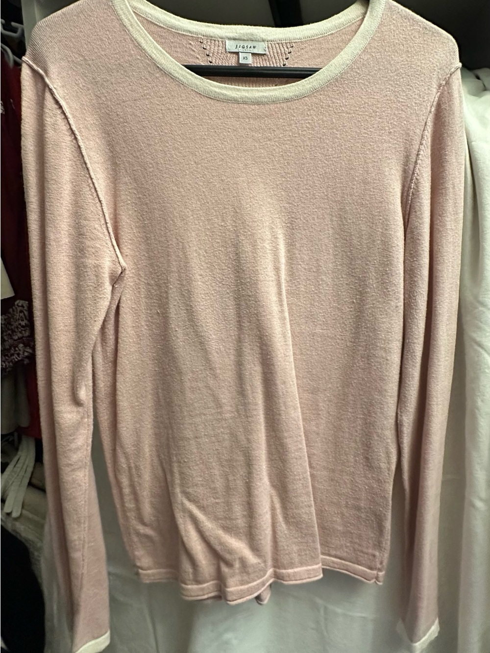 Jigsaw Pale Pink Long-Sleeve Crewneck Sweater with Cream Trim